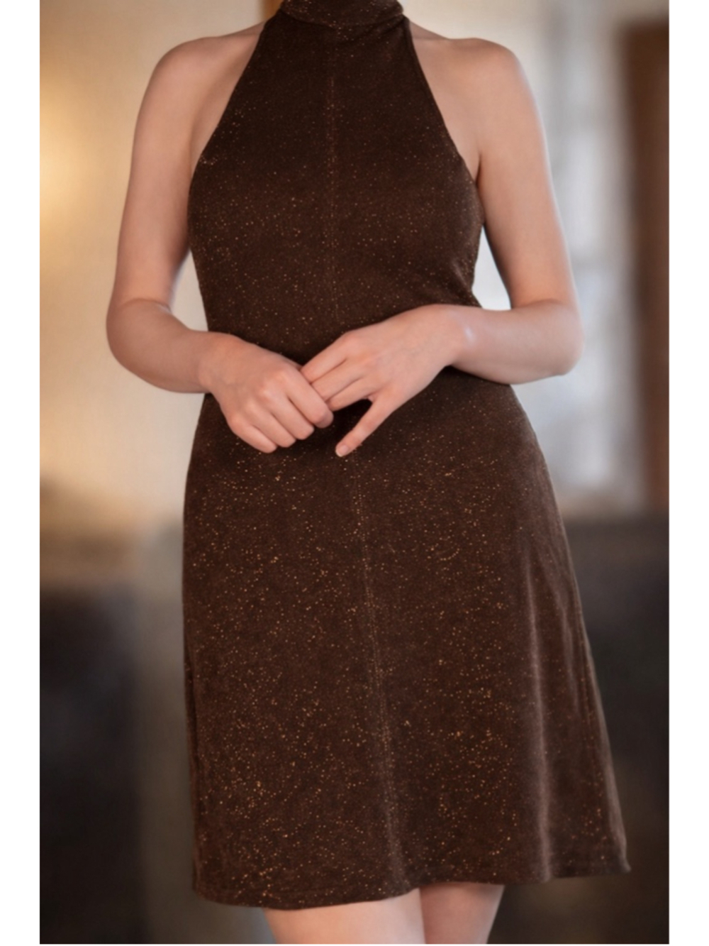 Chetta B 90s Metallic Knit Dress Brown Gold Shimmer High Neck Bodycon USA